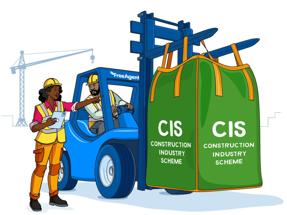 Illustration of a forklift truck lifting a large bag with CIS written on it
