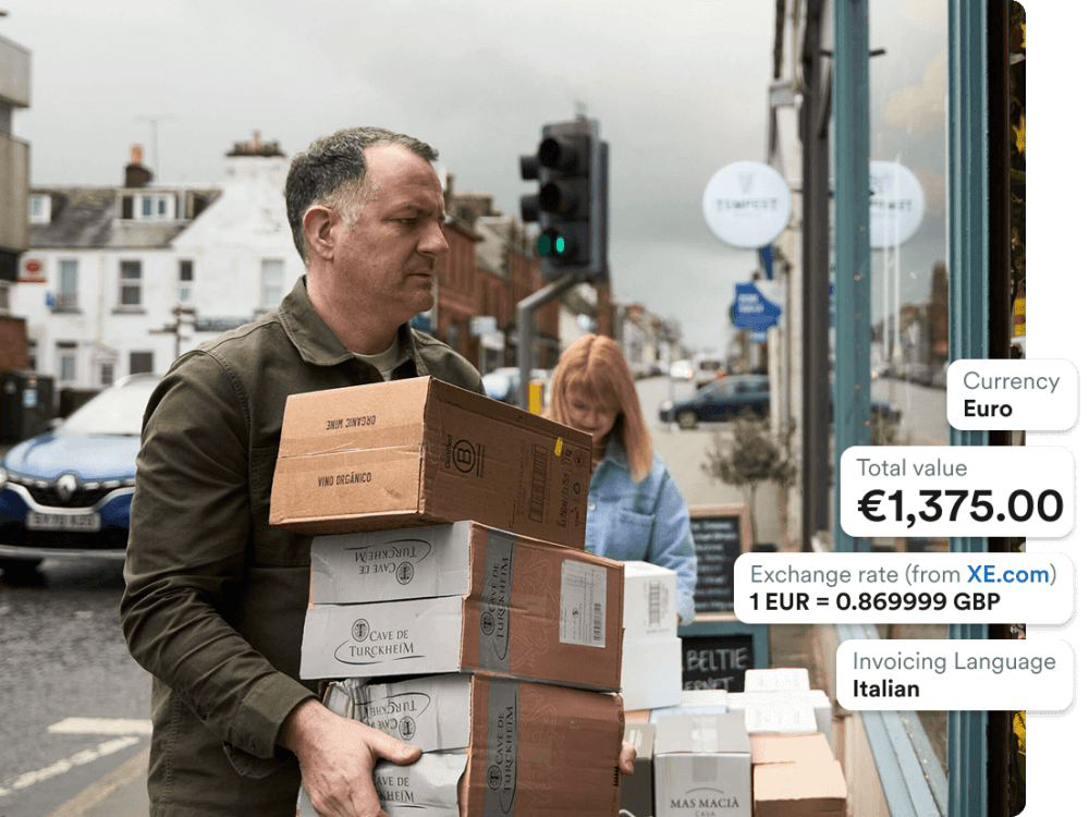 Photo of Chris Bain and Lynsey Hogg from Harris & Co carrying boxes with Italian labels.