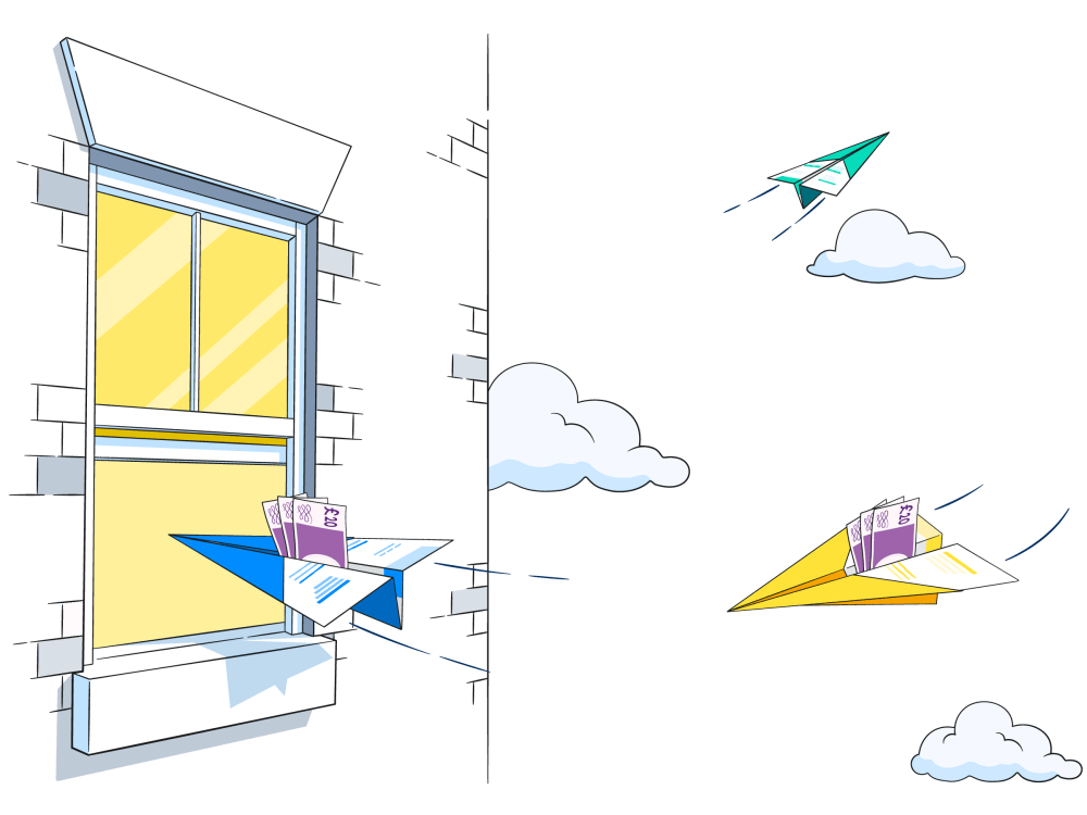 Illustration of paper planes flying out of an open window and returning with bank notes tucked into the fold between their wings.
