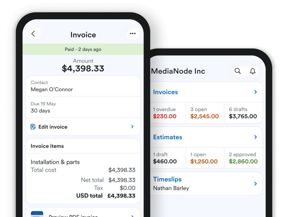 Two phone screens showing an open invoice and all invoices issued to a contact in the FreeAgent mobile app.
