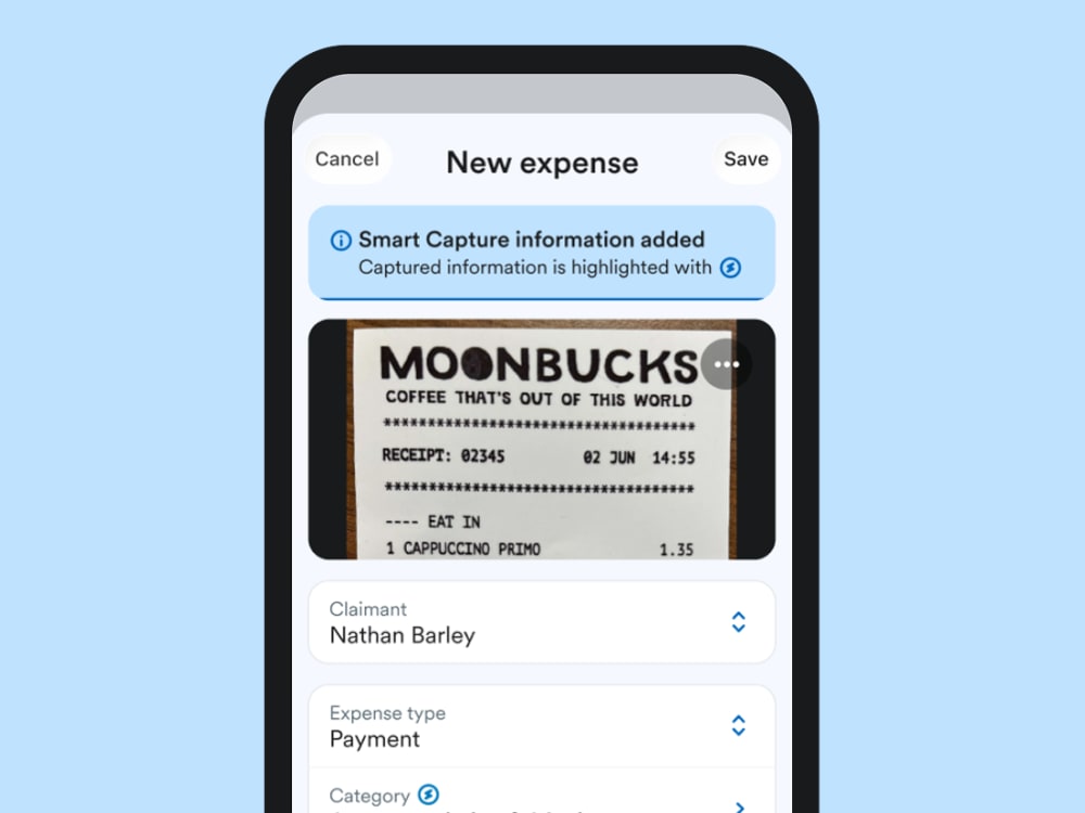 A FreeAgent mobile app screen showing a coffee receipt with the expense information extracted using Smart Capture