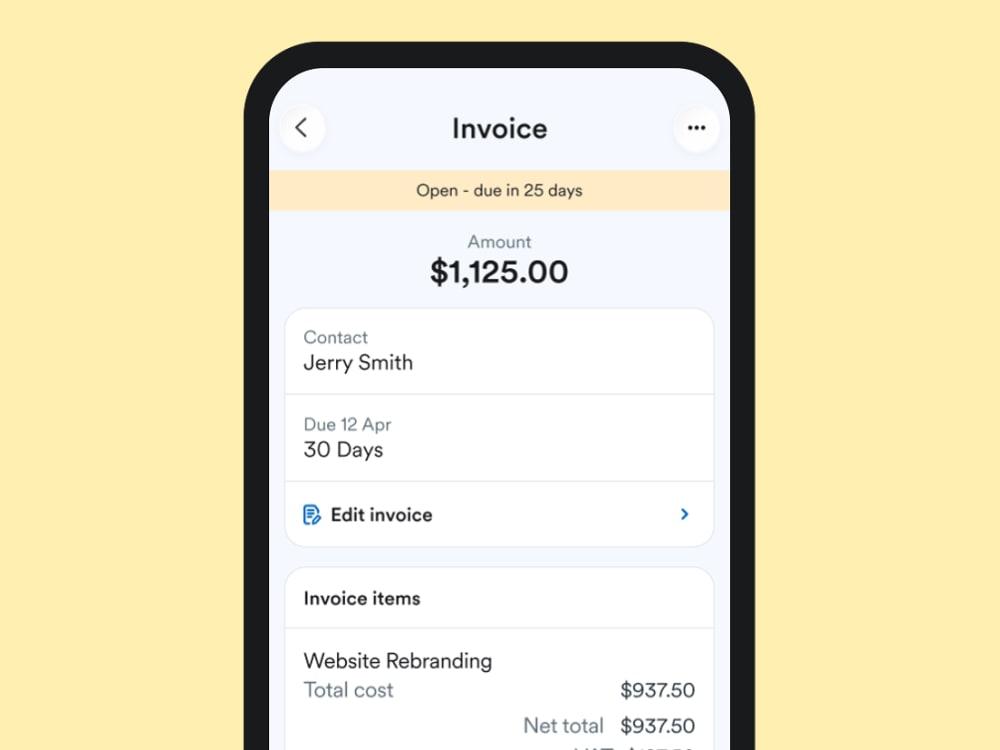 A FreeAgent mobile app screen showing an invoice