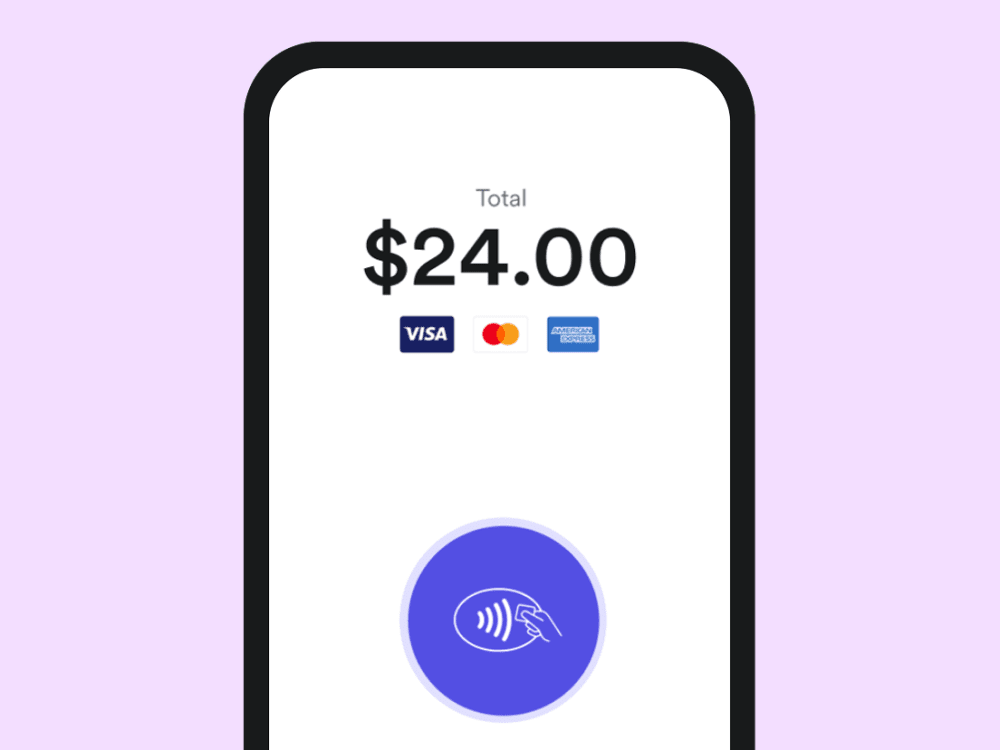The Tap to Pay screen in the mobile App showing a total of $24.00 and logos for Visa, Mastercard and American Express