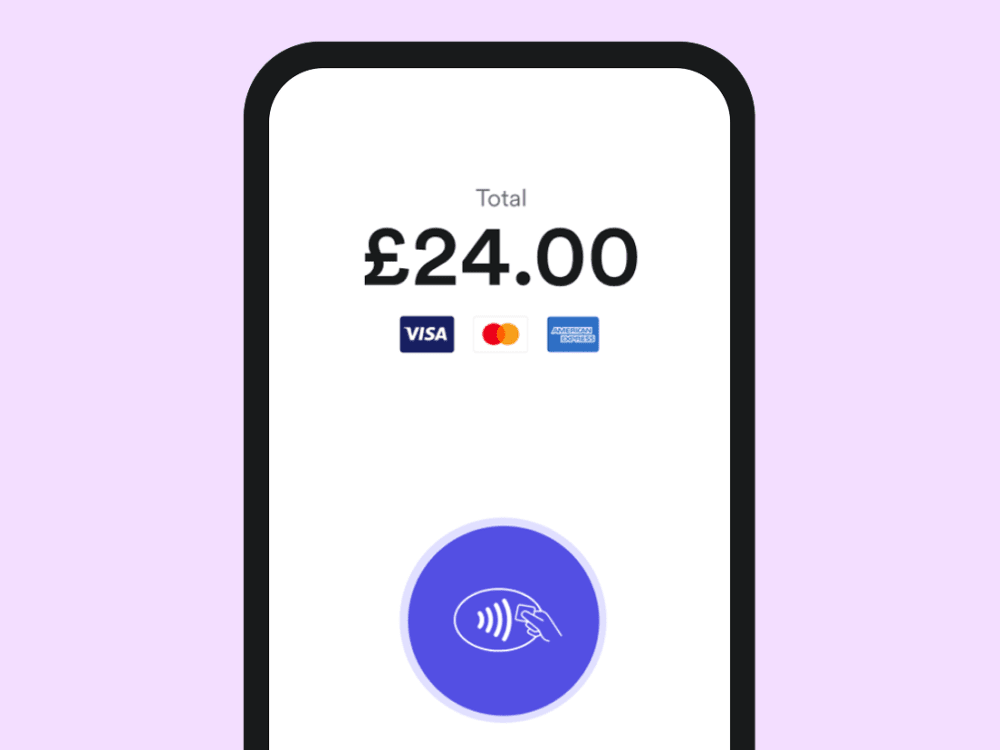 The Tap to Pay screen in the mobile App showing a total of £24.00 and logos for Visa, Mastercard and American Express