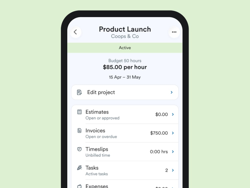 A FreeAgent mobile app screen showing a project called Product Launch