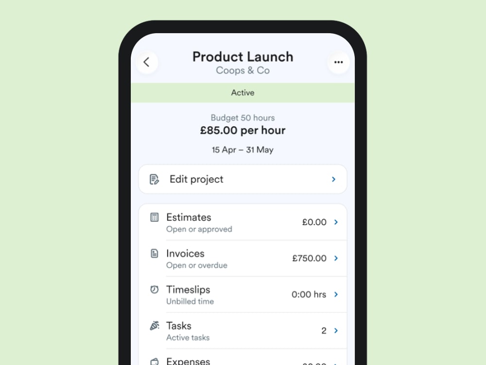 A FreeAgent mobile app screen showing a project called Product Launch