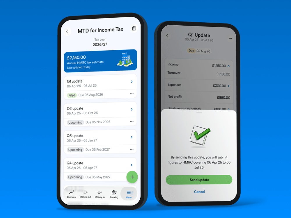 Two phones showing MTD for Income Tax screens in the FreeAgent mobile app