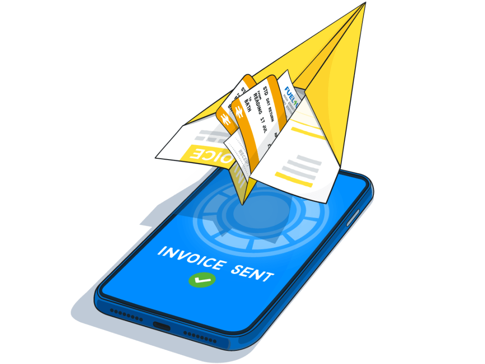 A paper aeroplane made from an invoice with some receipts in the fold taking off from a mobile phone screen.