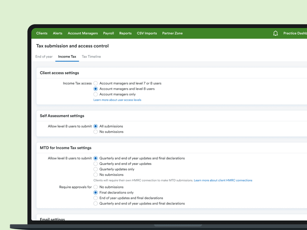 A laptop showing the Tax submission and access control page in FreeAgent.