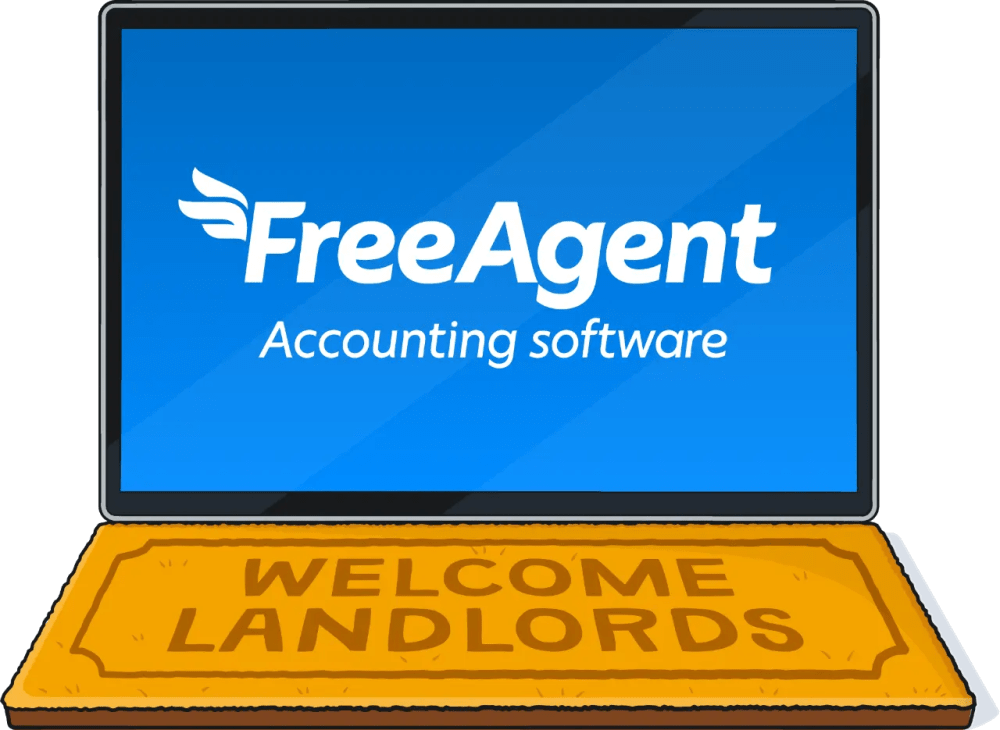 Illustration of a laptop with 'FreeAgent Accounting Software displayed on the screen and instead of a keyboard there is a brown welcome mat that reads 'Welcome Landlords'.