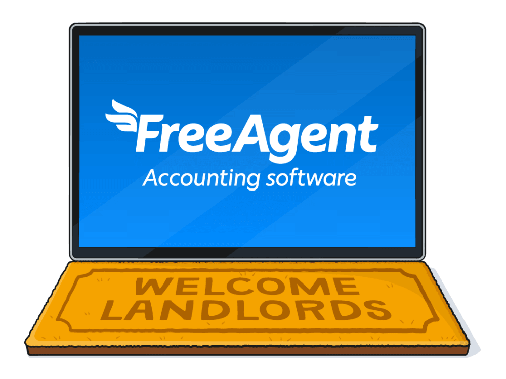 Illustration of a laptop with 'FreeAgent Accounting Software displayed on the screen and instead of a keyboard there is a brown welcome mat that reads 'Welcome Landlords'.