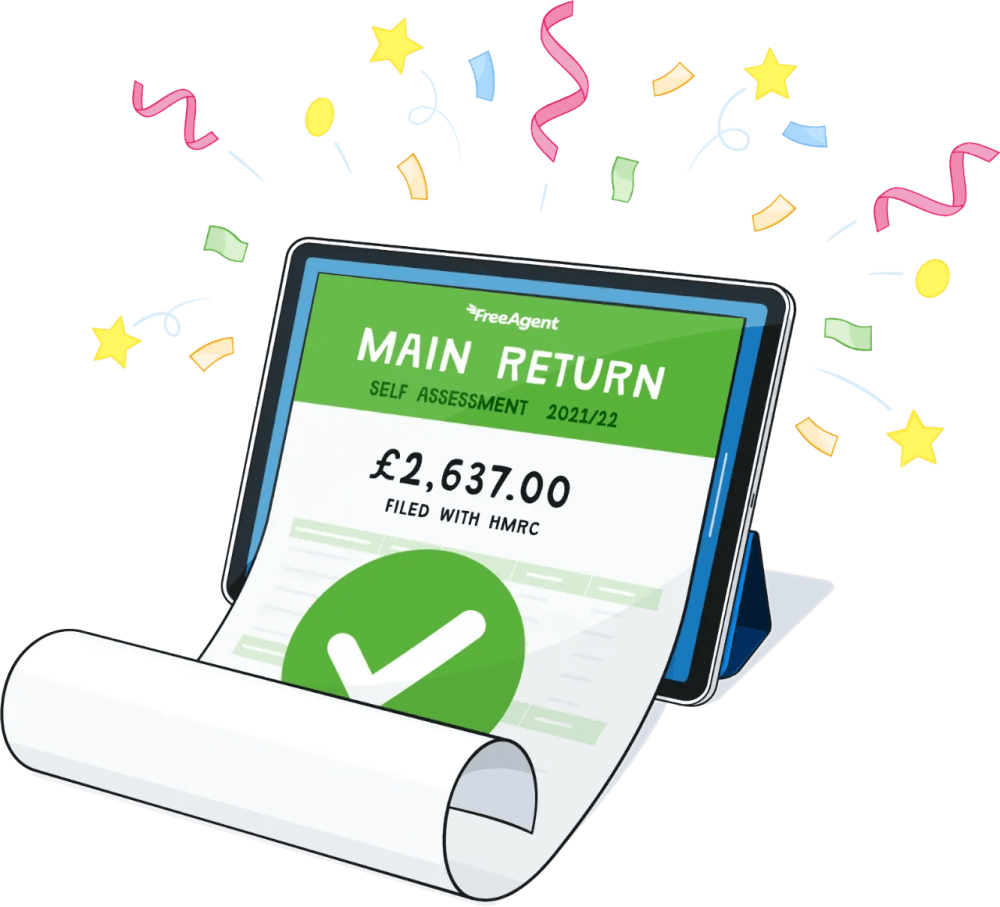 An illustration of a tablet device displaying a tax return which is unrolling like a piece of paper extending beyond the bottom of the screen.