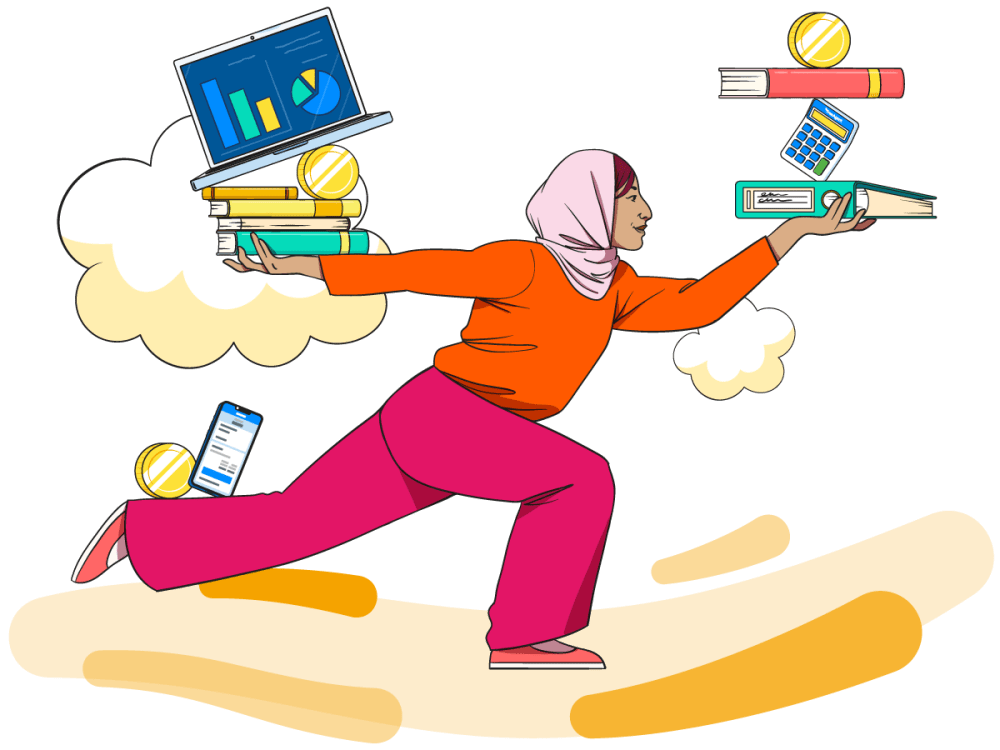 A woman standing on one leg skilfully balances items including a laptop and calculator on her other leg and her arms.