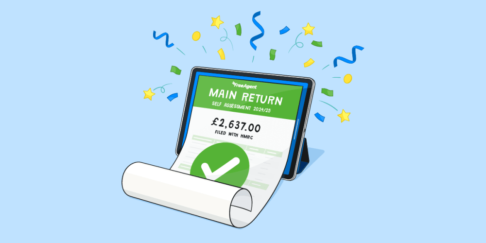 A document saying ‘Main Return’ curls out from a tablet computer.