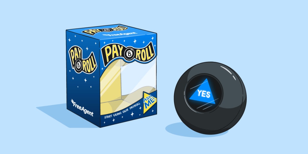 A magic 8 ball sitting beside a package that says 'payroll'. 