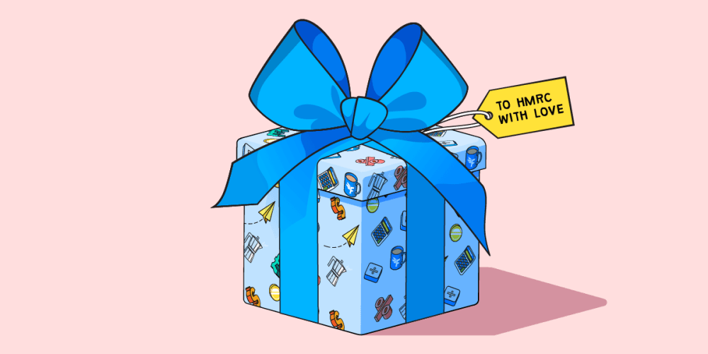 Illustration of a wrapped box with a bow and tag that reads “To HMRC, with love”.