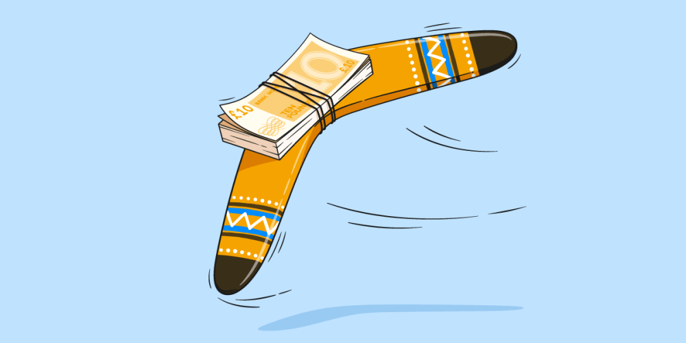A boomerang with money tied to it.