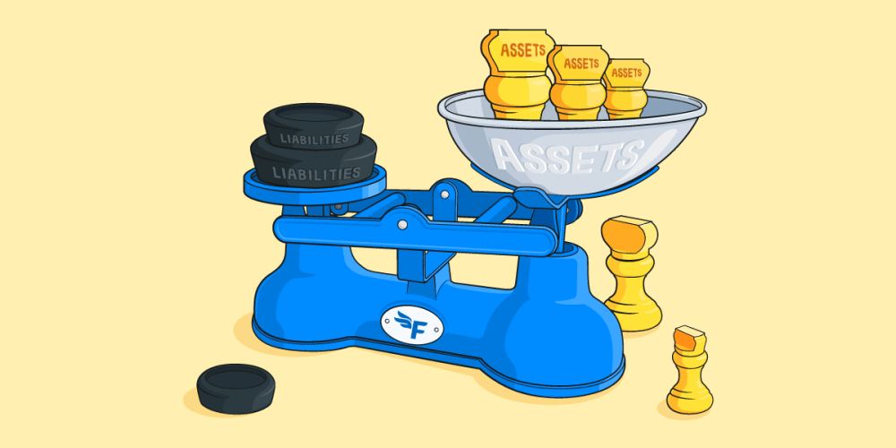 A set of scales balancing liabilities and assets.