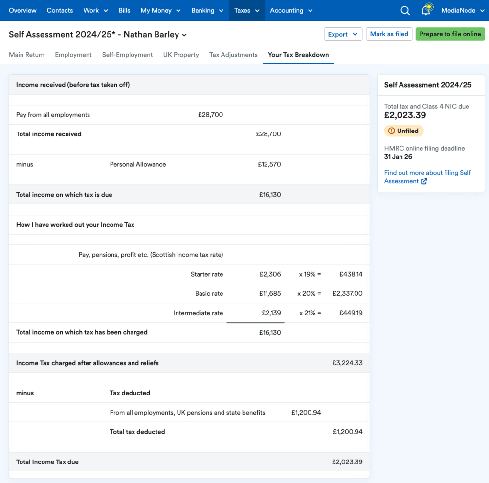 A screenshot showing Self Assessment in FreeAgent.