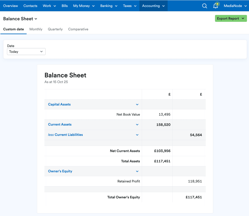 An example balance sheet shown in FreeAgent.