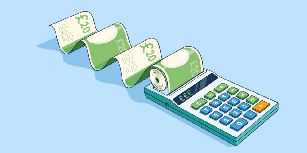 Illustration of a financial calculator printing money.