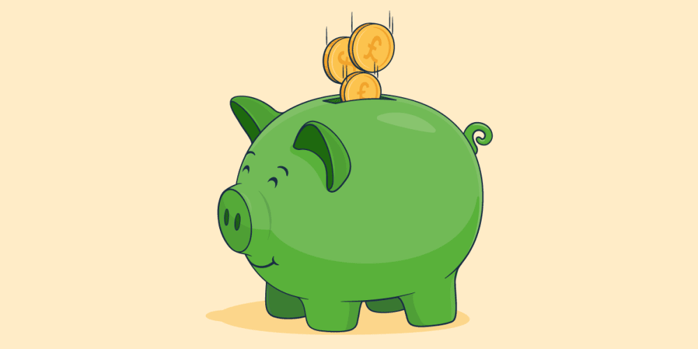 Illustration of green piggy bank with golden coins dropping into the slot on its back.