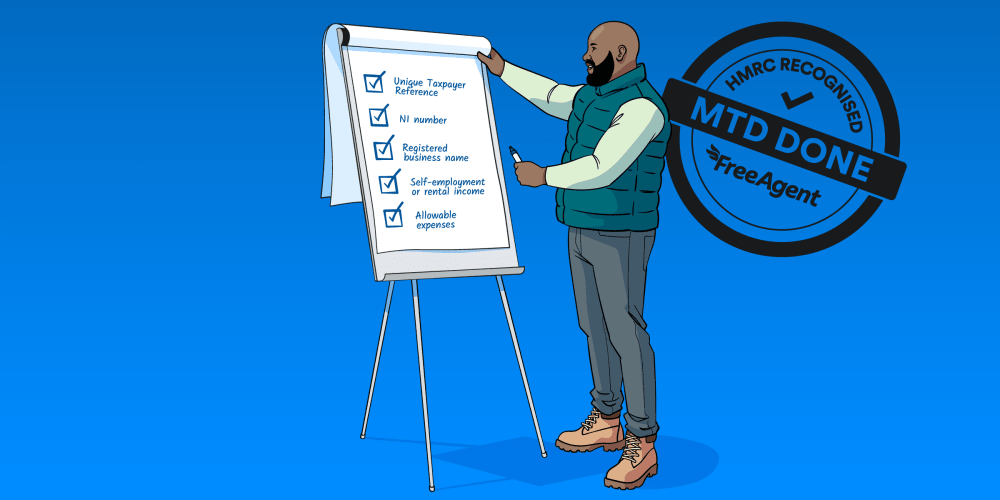 A man looks at a flip chart with bullet points for Unique Taxpayer Reference, NI number, Registered business name and Allowable expenses.