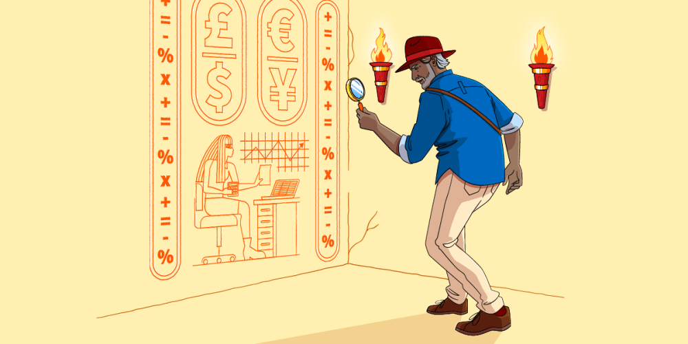 An explorer looks at Egyptian-style hieroglyphs on a wall, including money symbols.