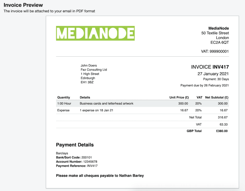 Screenshot of an invoice within the FreeAgent software