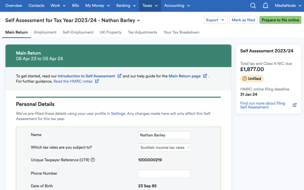 Screenshot of a Self Assessment tax return in FreeAgent