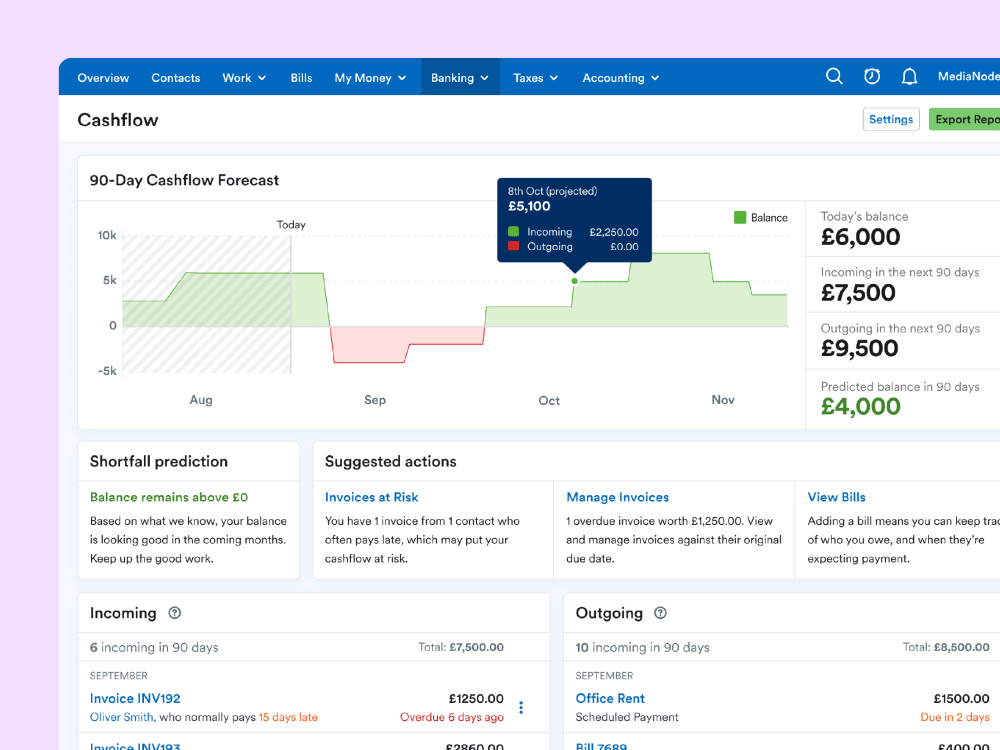 A 90-day cashflow forecast and chart in the FreeAgent app