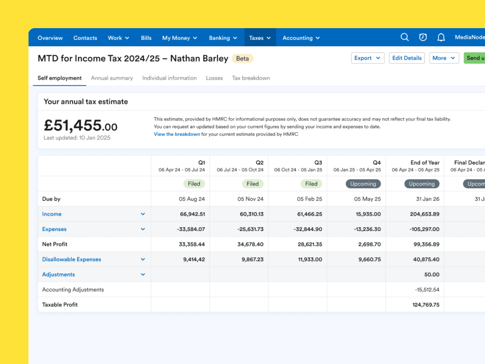 An MTD return with figures completed in the FreeAgent app.