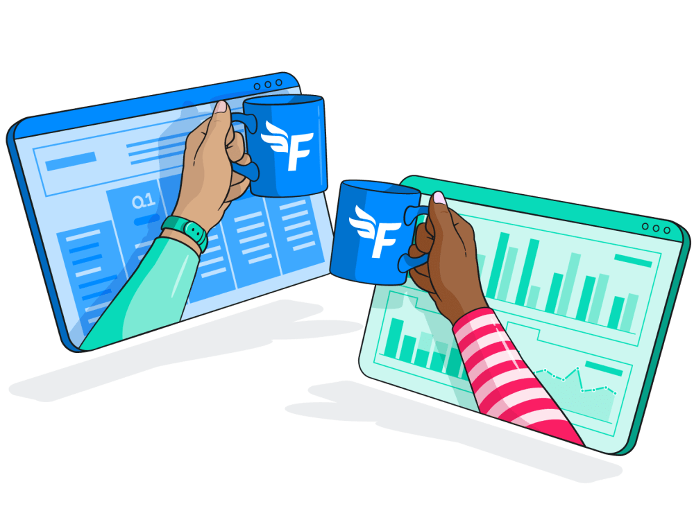 Two people clinking mugs together through their screens.
