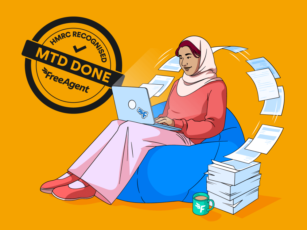 A woman sitting on a beanbag, while paper invoices flow into her computer.