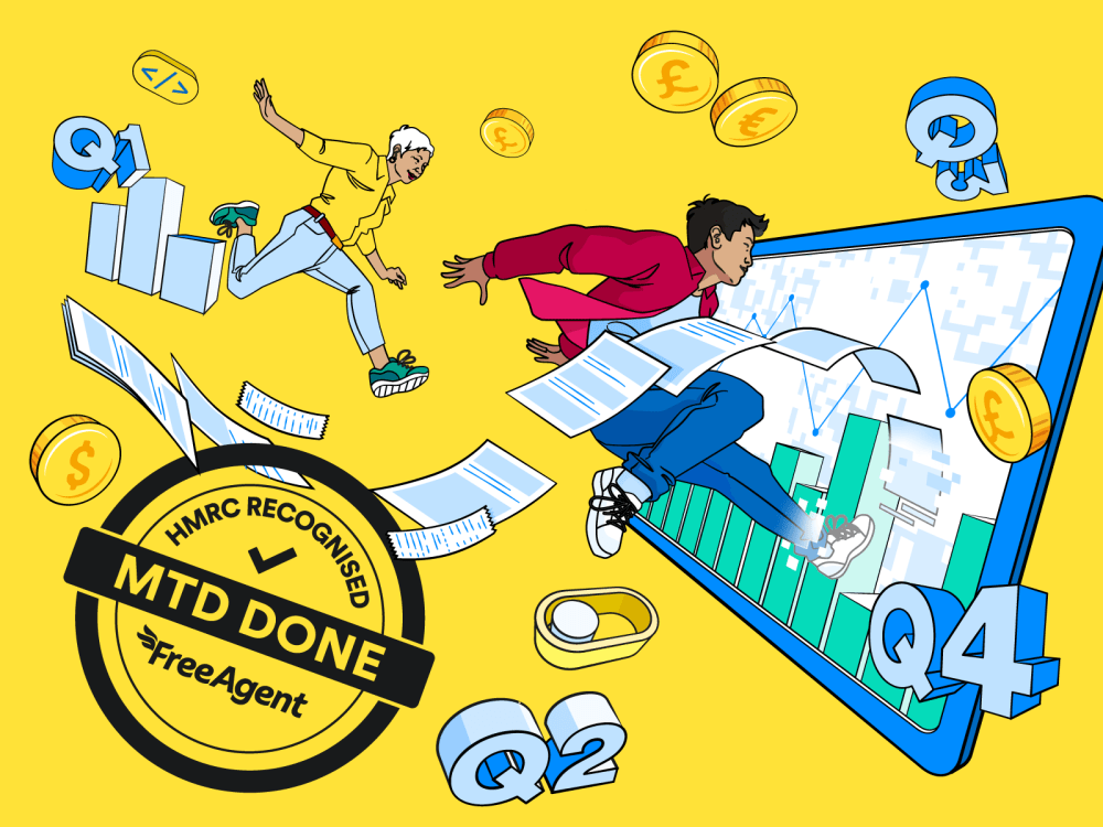 Two people jump into a tablet screen. A stamp reads HMRC recognised, MTD Done, FreeAgent.