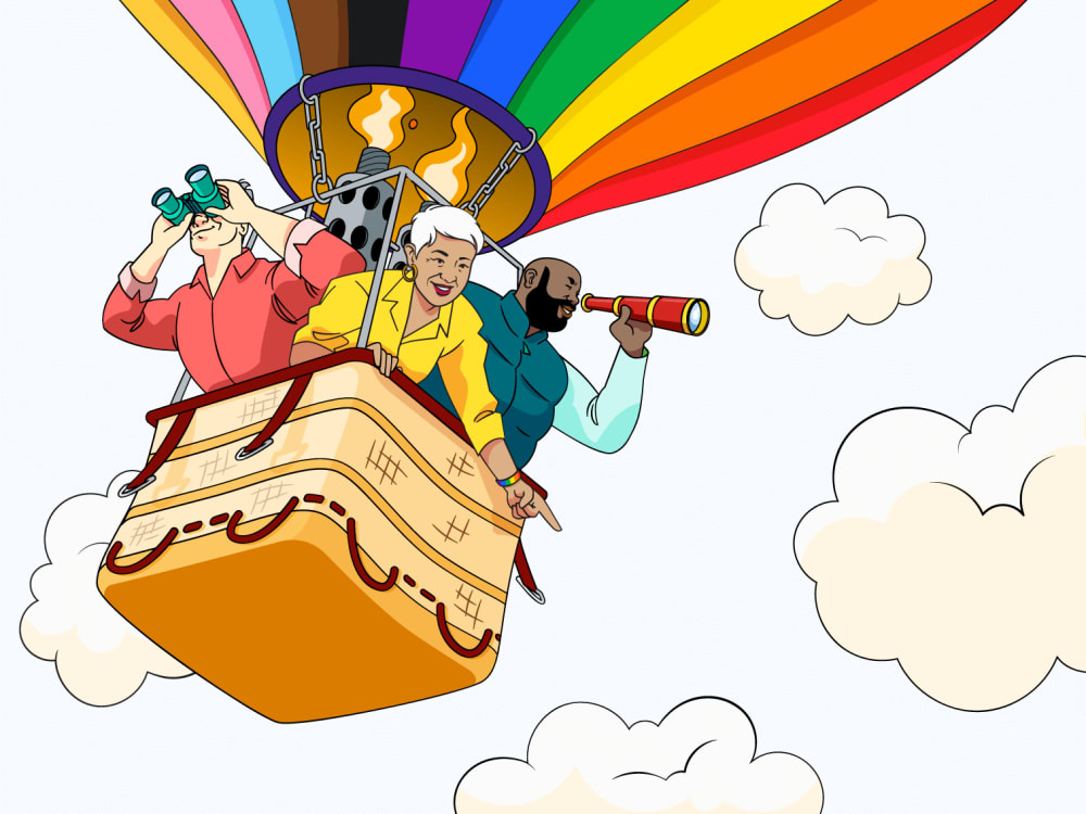 Three people in a hot air balloon with pride colours, looking out of the basket using binoculars and a telescope.