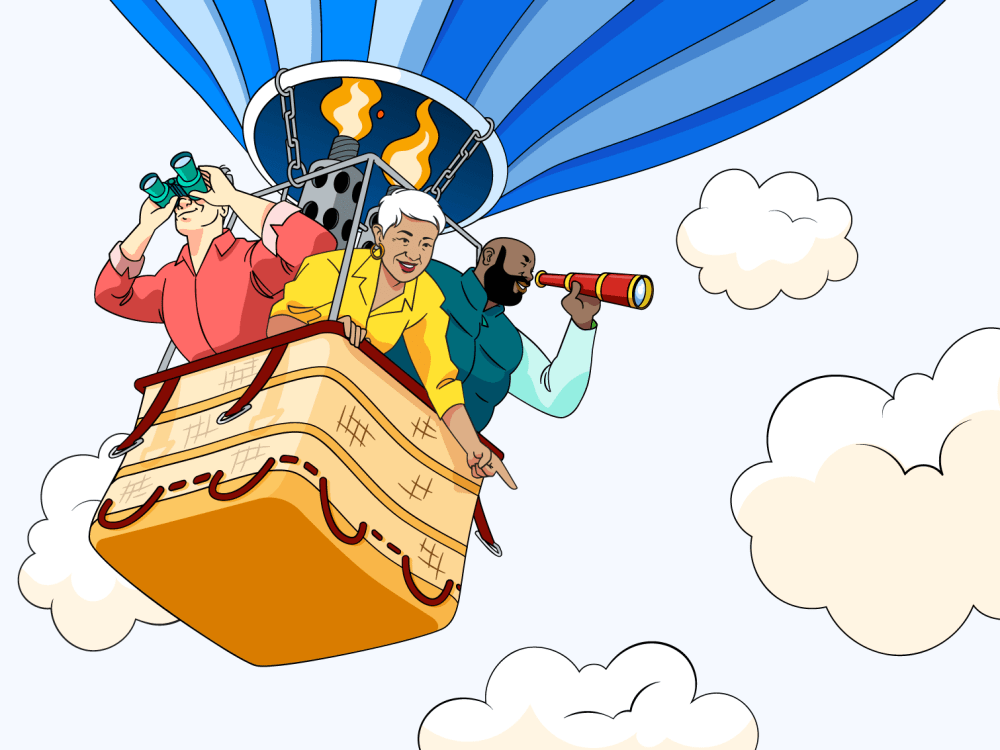 Three people in a hot air balloon, looking out of the basket using binoculars and a telescope.