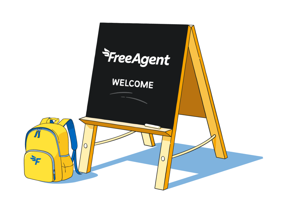 A chalkboard with a welcome sign on it and a yellow backpack next to it.