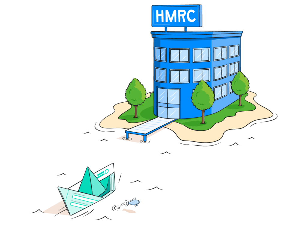 Illustration of a boat made of papers pulling up to the HMRC building