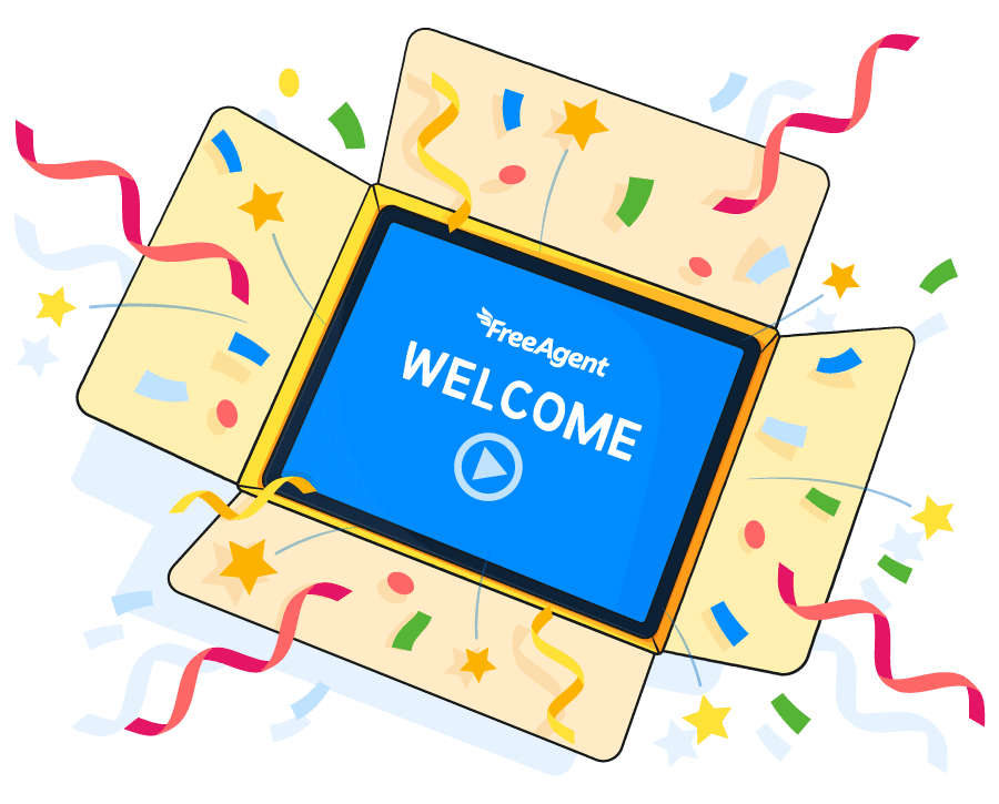 Illustration of a tablet displaying a Welcome message from FreeAgent, placed inside an open gift box with colorful confetti and stars bursting out in celebration.