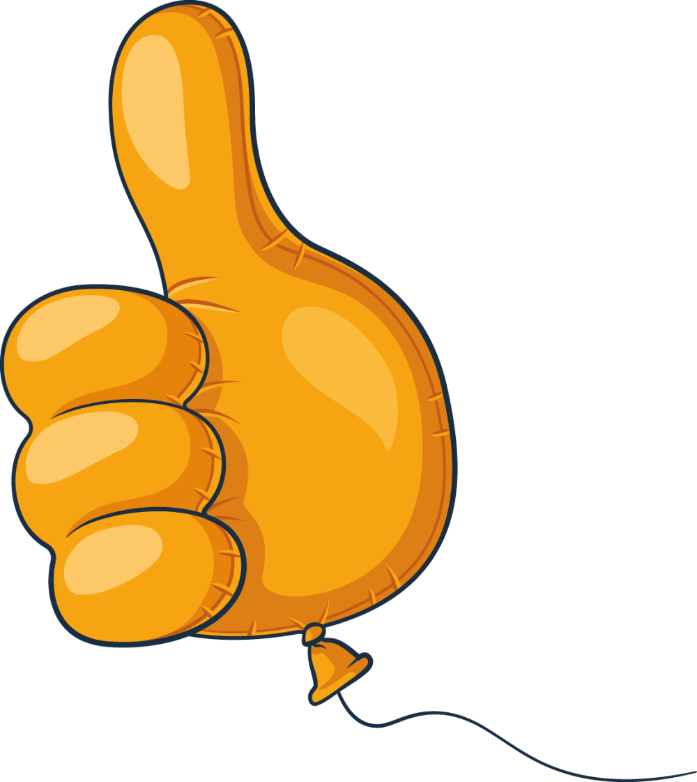 An illustration of a floating balloon in the shape of a right hand making the thumbs up gesture.