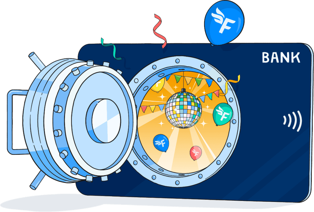 Illustration of a large bank card with a large open vault door attached leading through to a bright room with a disco ball and balloons.