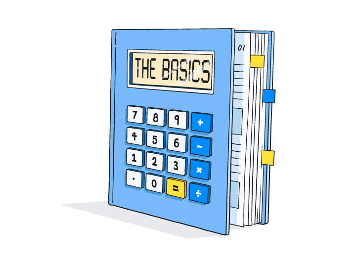 Illustration of a book with calculator buttons on the cover and a calculator-screen title that reads ‘The basics’