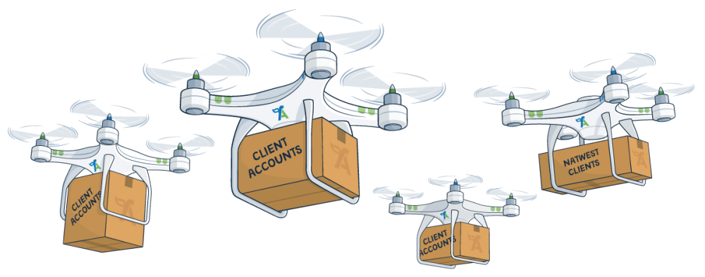 Drones carrying boxes labelled 'Client Accounts'.