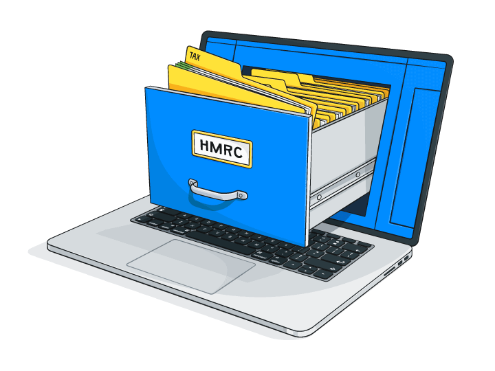 Illustration of a filing cabinet drawer labelled ‘HMRC’ emerging from a laptop screen.