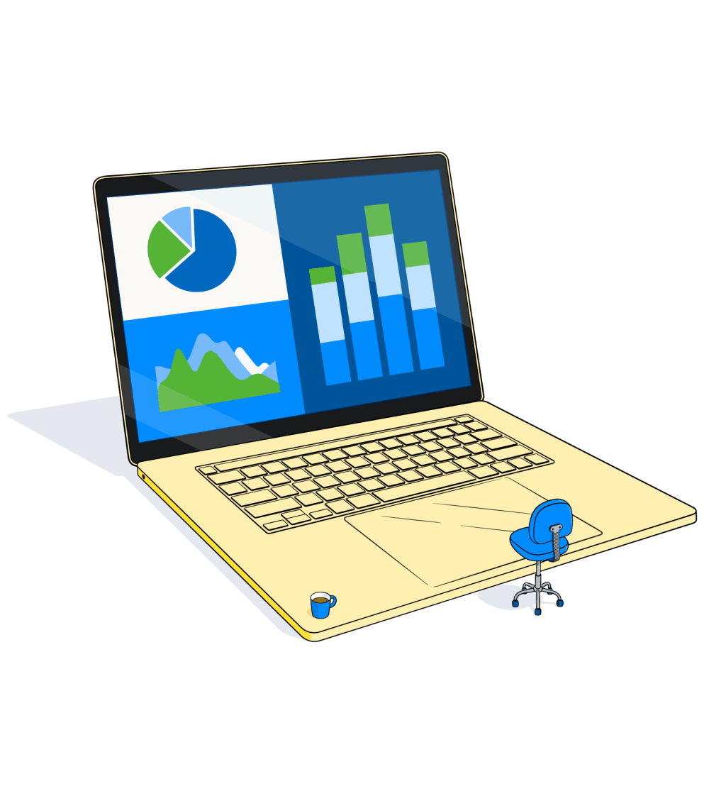 A laptop with various charts showing on its screen