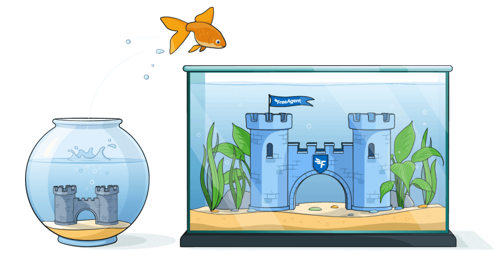 Illustration of a fish jumping from a small fish bowl to a large fish tank with an ornamental castle inside