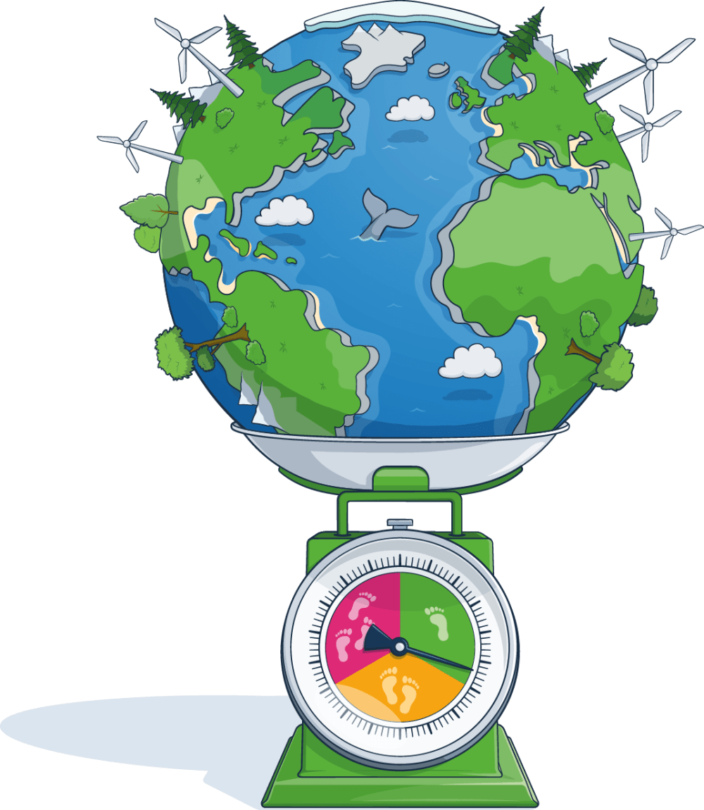 Illustration of the earth showing wind turbines and trees dotted around the globe, all sitting atop a set of scales measuring carbon footprint.