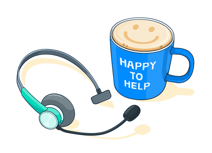 illustration of a cup of coffee with words 'happy to help' next to a set of headphones