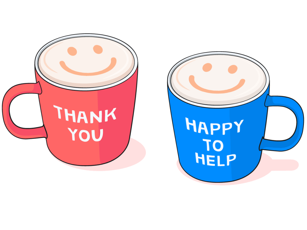 Two cheerie coffe mugs with messages 'Thank you' and 'Happy to help'